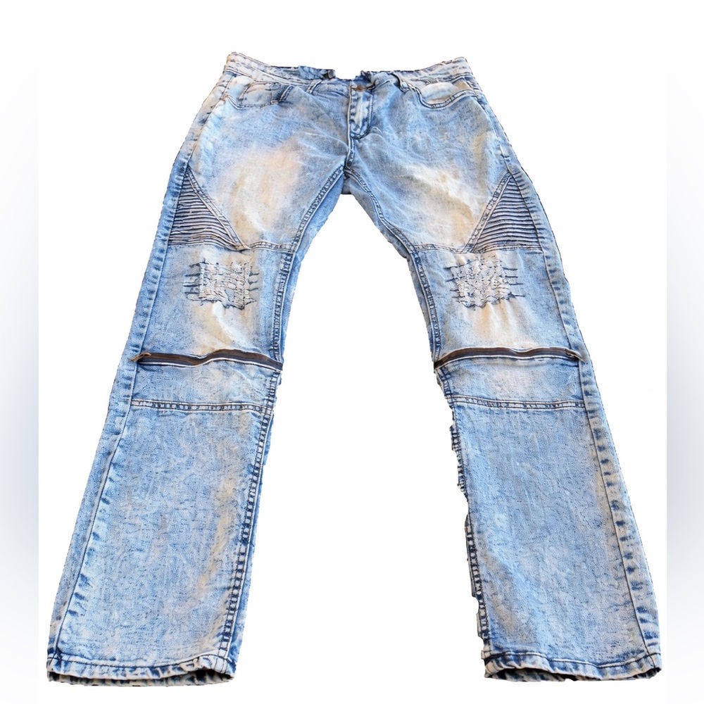 ROK Hand Crafted Acid Wash Moto Jeans W34 L32 Distressed Zipper Knees
